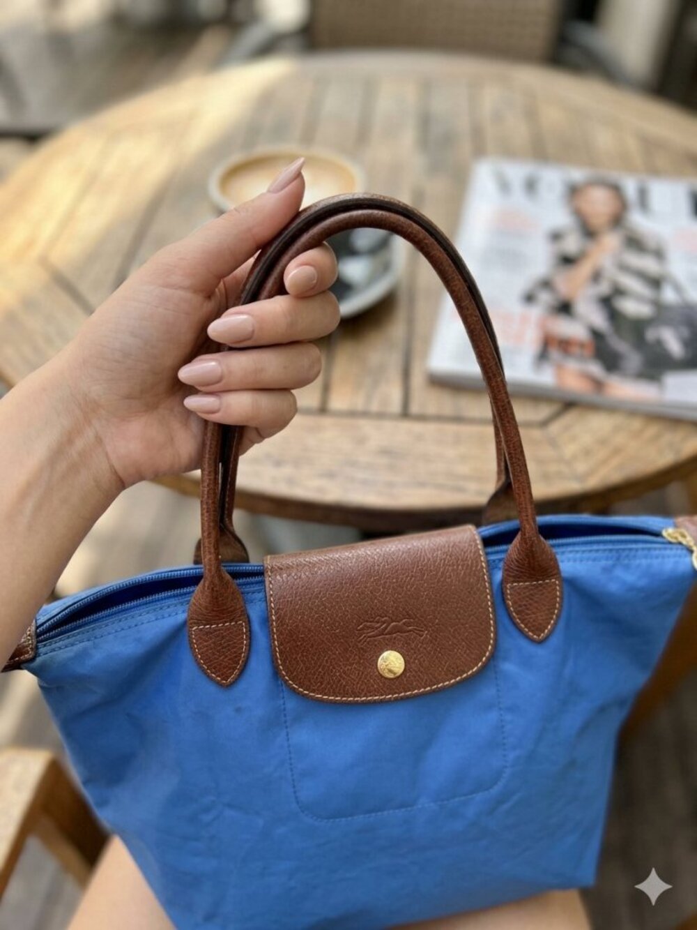 Longchamp Blue Nylon Tote with Brown Leather Trim
